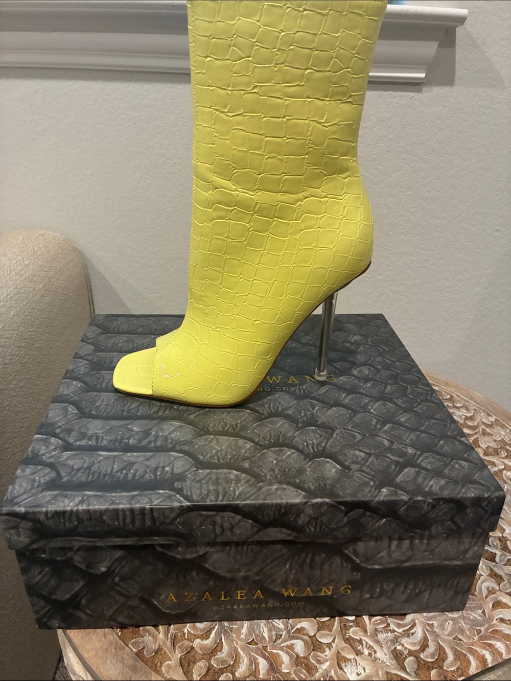 Azalea Wang Yellow Croc-Embossed Stiletto Sock Boot